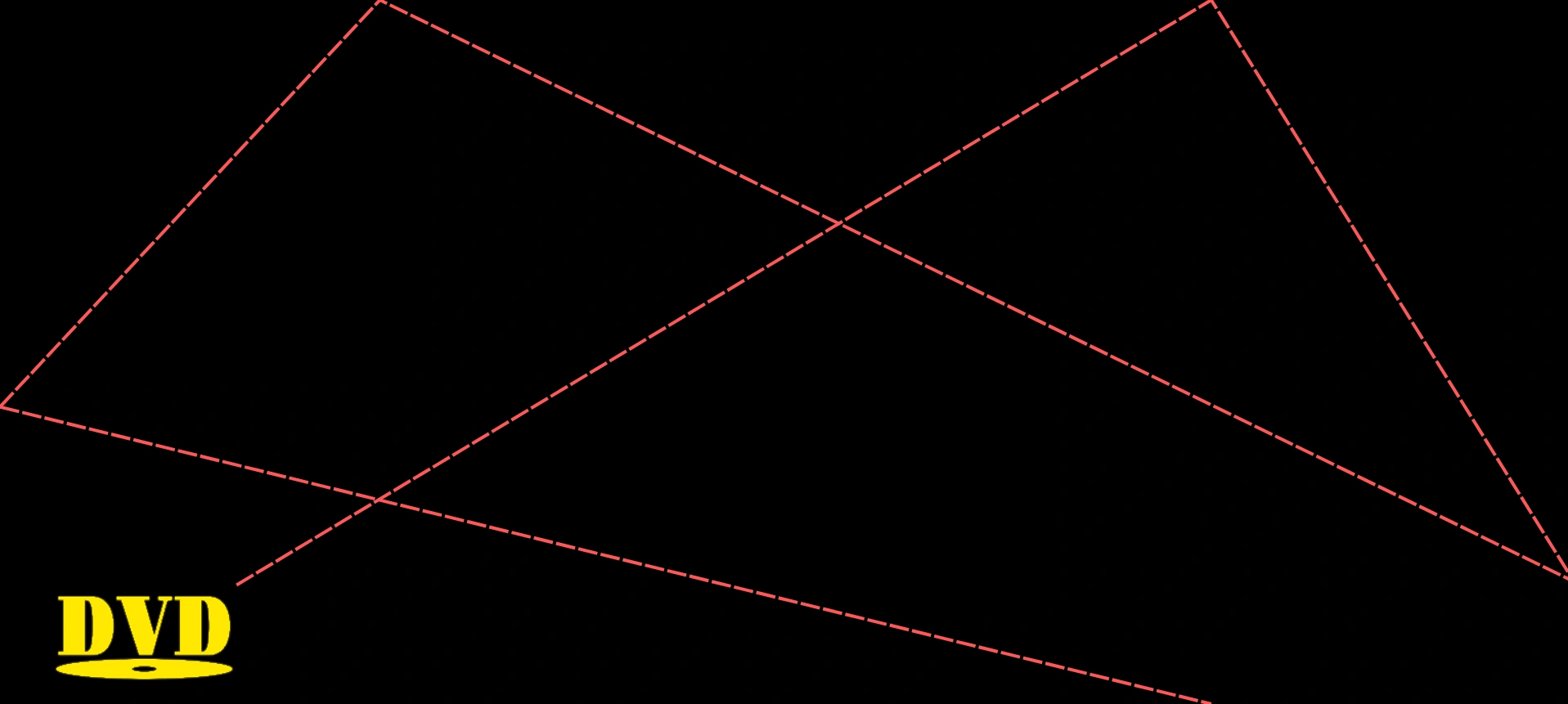 The dashed path of a bouncing DVD logo tracing across a black screen, with the logo resting in the bottom-left corner