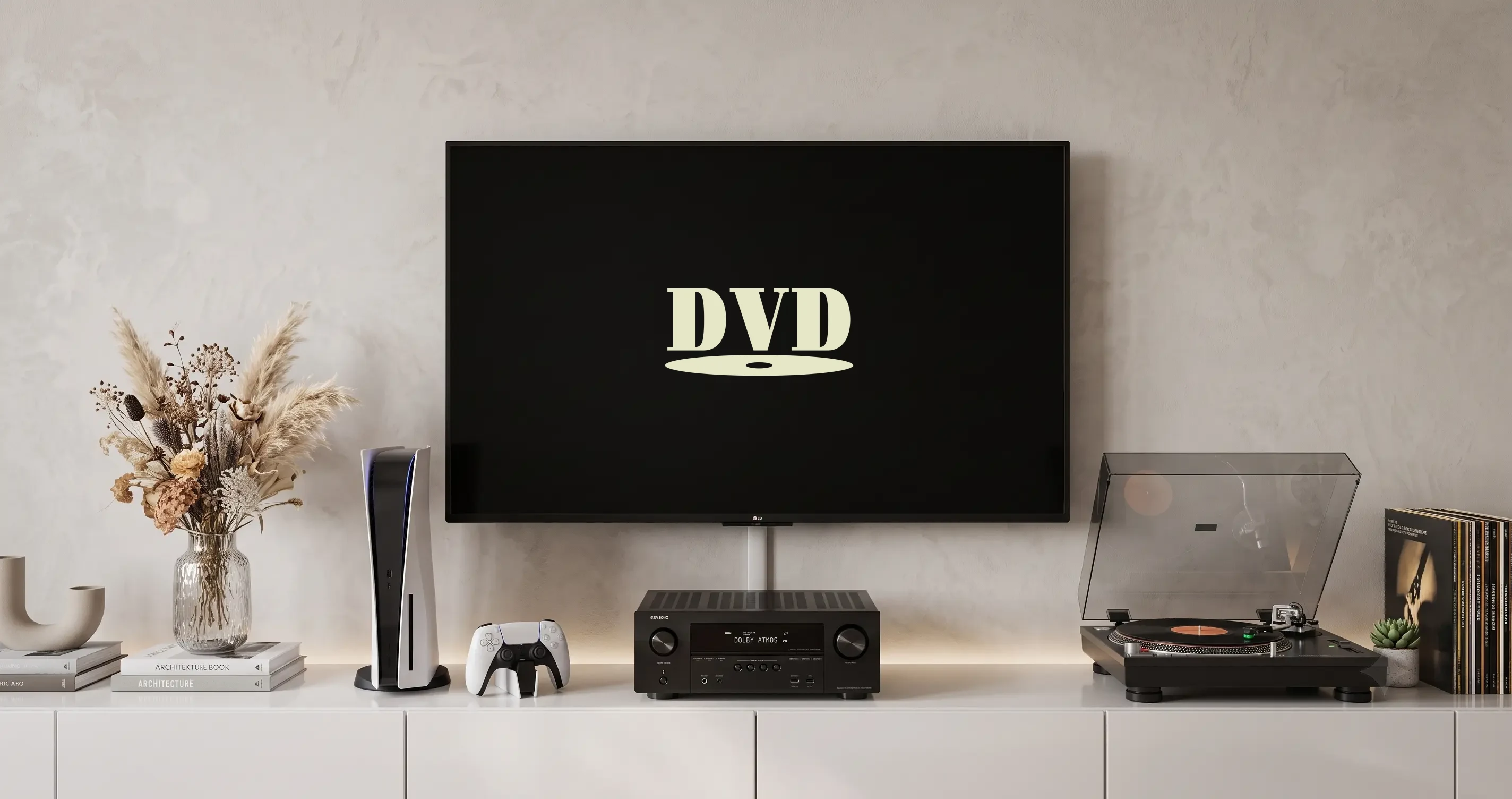 A wall-mounted TV in a living room showing a bouncing DVD logo on a black screen, with a games console, AV receiver and turntable on the unit below