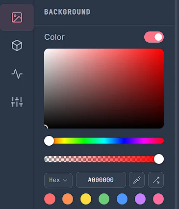 The Color option switched on, showing a saturation square, hue and alpha sliders, a Hex field with eyedropper and random buttons, and a row of seven colour swatches
