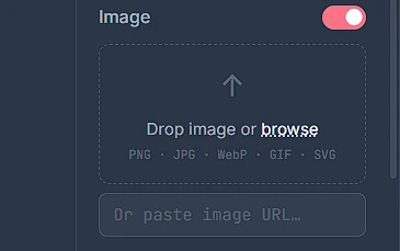 The Image option switched on, showing a drop zone accepting PNG, JPG, WebP, GIF and SVG, and a field for pasting an image URL