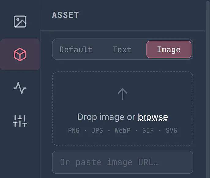 The Asset panel with the Image tab selected, showing a drop zone accepting PNG, JPG, WebP, GIF and SVG and a field for pasting an image URL