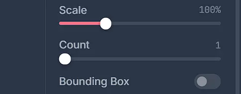 The Scale slider at 100 percent, the Count slider at 1, and a Bounding Box toggle switched off