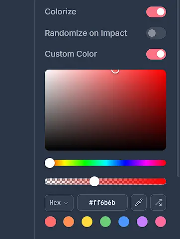 Colorize switched on, Randomize on Impact off, Custom Color on, with a full colour picker beneath showing the hex value ff6b6b