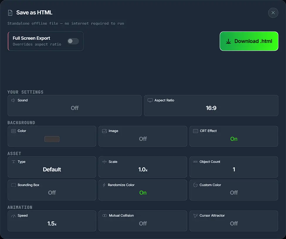 The Save as HTML dialog with a Full Screen Export toggle, a Download .html button, and a YOUR SETTINGS summary listing sound, aspect ratio, background, asset and animation values