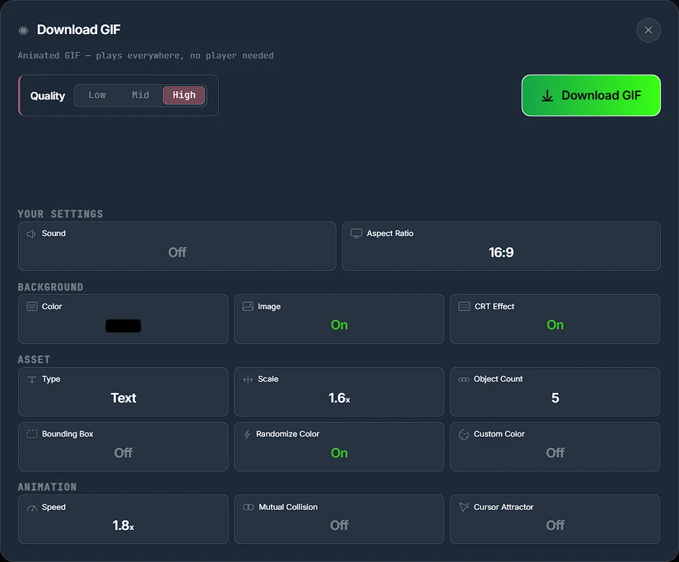 The Download GIF dialog with Low, Mid and High quality options, High selected, a Download GIF button, and a YOUR SETTINGS summary below