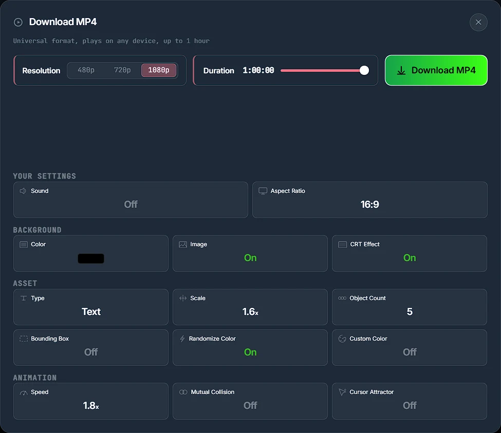 The Download MP4 dialog with 480p, 720p and 1080p resolution options, a duration slider showing one hour, a Download MP4 button, and a YOUR SETTINGS summary below